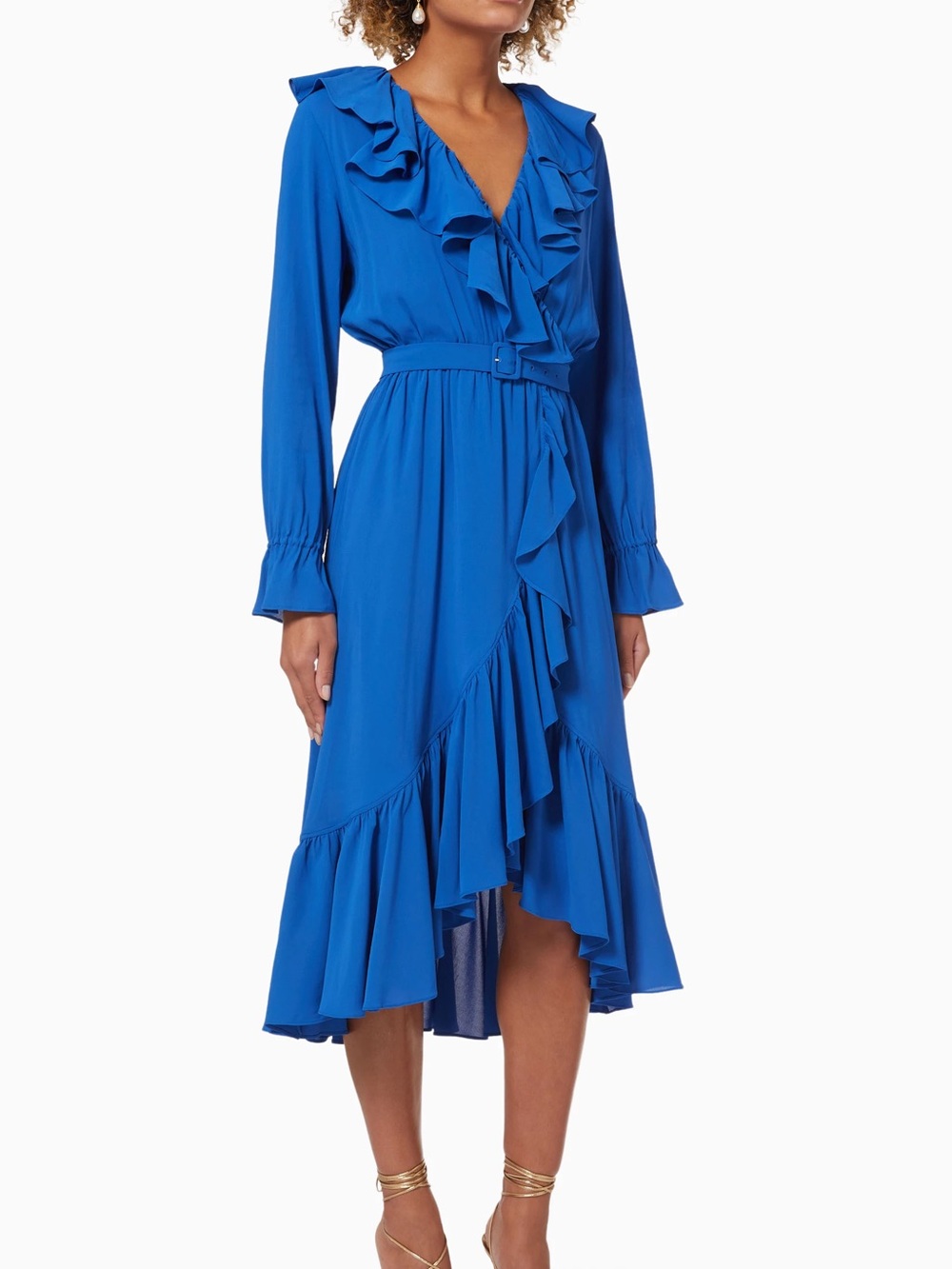 MARELLA by MaxMara Blue Ruffled V-Neck Belted Long Sleeve Midi Dress Size 10